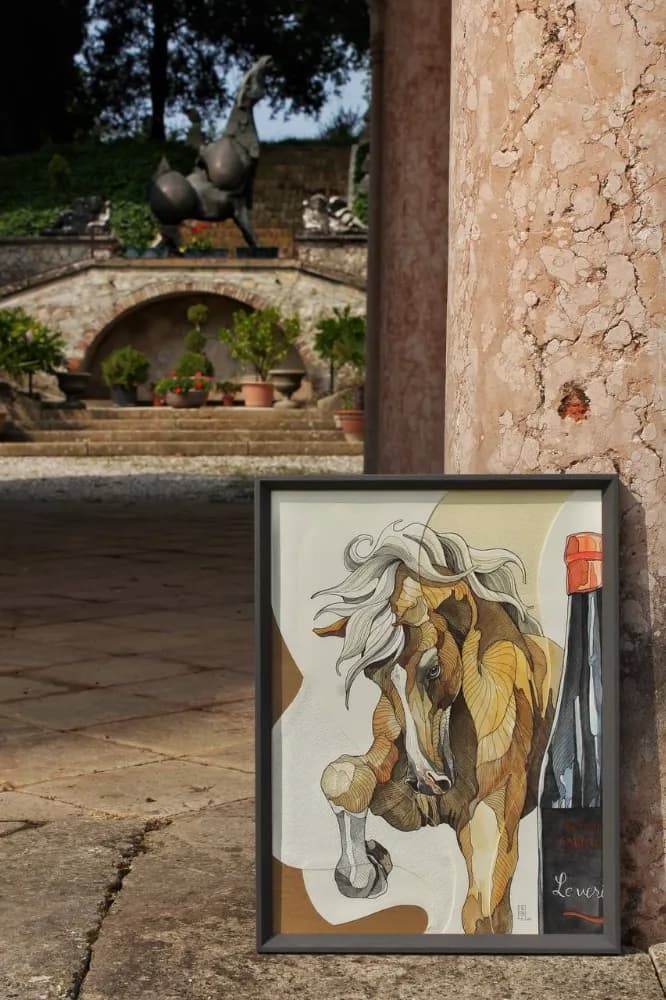 A framed painting of a horse with a bottle from the 'Le verità' series leaning against a stone column, with an antique horse sculpture on a staircase in the background.