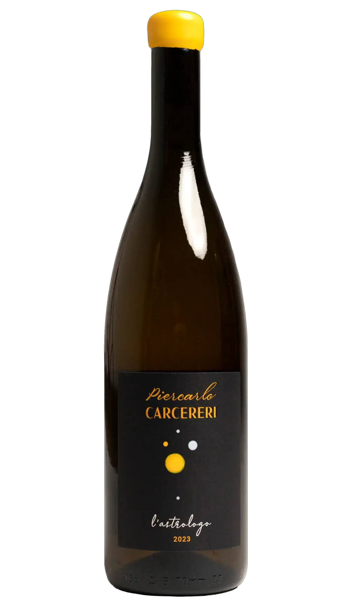 Piercarlo Carcereri L'Astrologo wine bottle with a black label, golden logo and a constellation of dots.