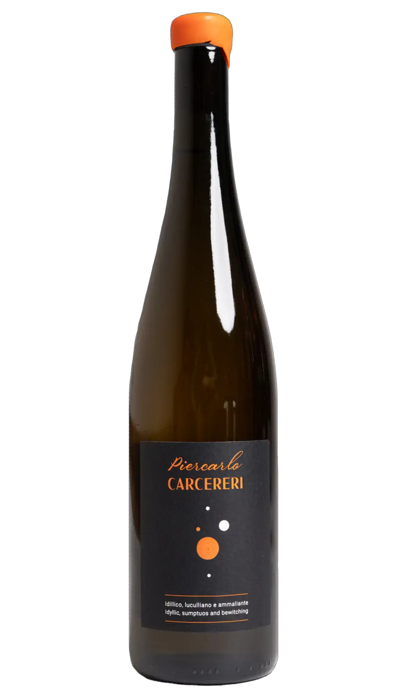 Piercarlo Carcereri Classico wine bottle with a black label, orange logo and a small constellation of dots.