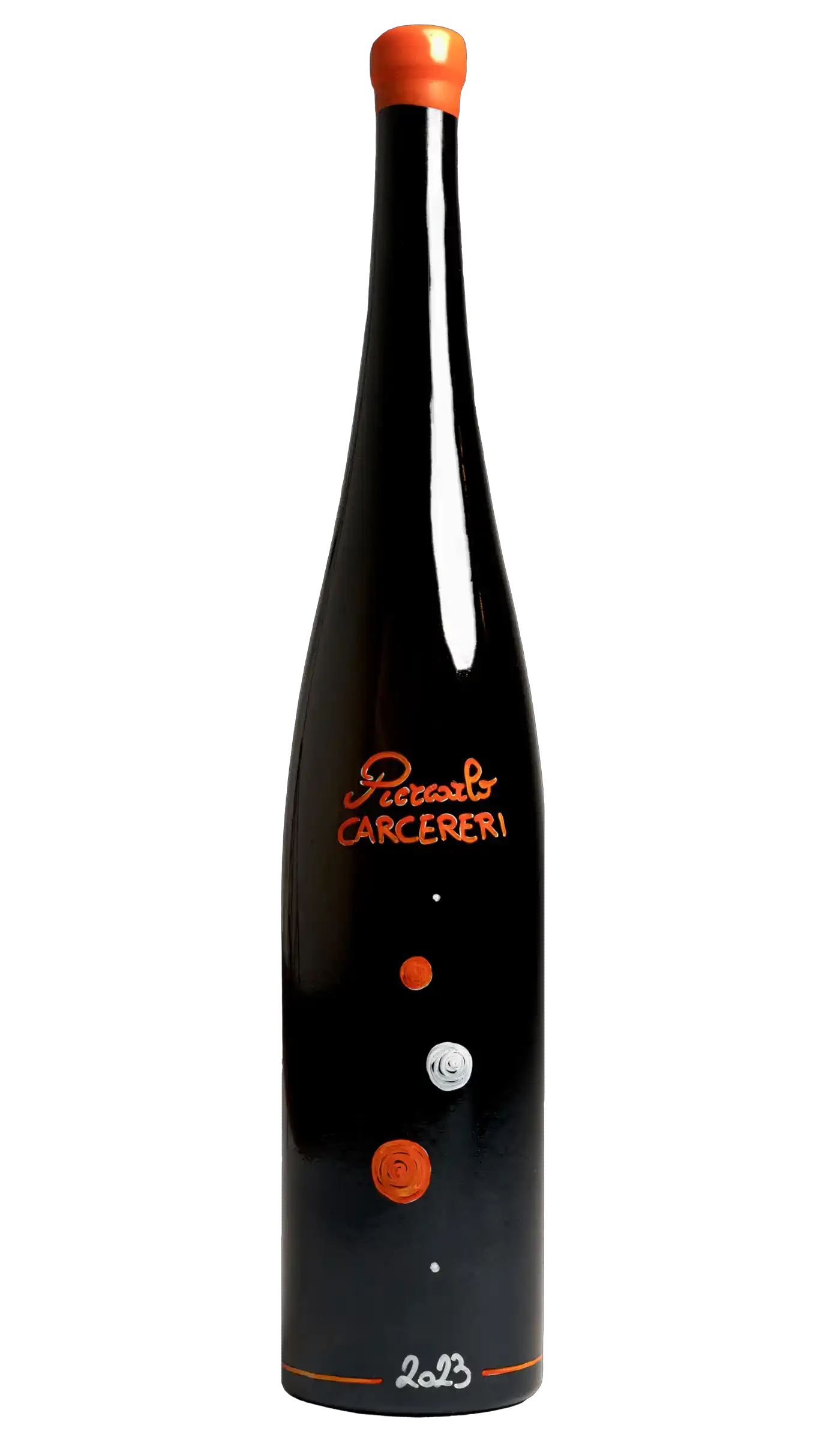 Black magnum bottle hand-painted with the orange Piercarlo Carcereri logo, painted spirals and the year 2023.